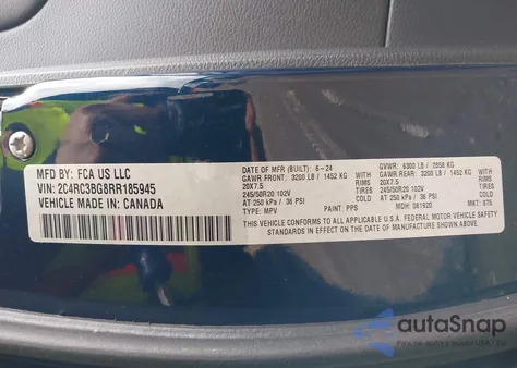 2024 Chrysler Pacifica Touring L Awd z USA, uszkodzony, nr VIN 2C4RC3BG8RR185945